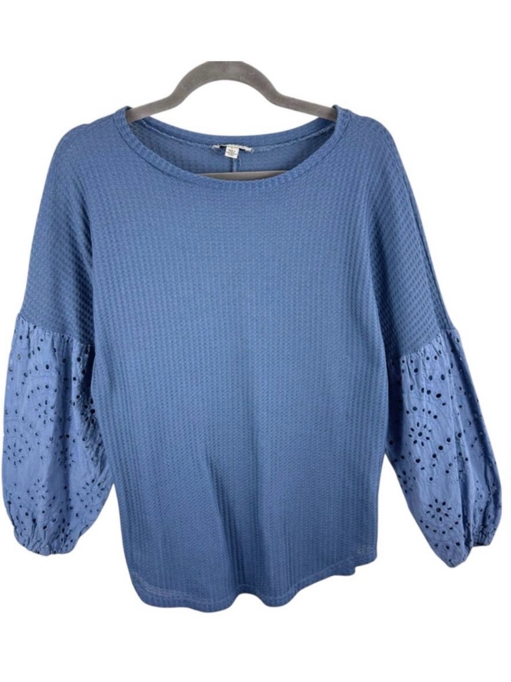 Stellah Blue Cotton Blend Thermal Eyelet Balloon Sleeve Stretchy Top Size L